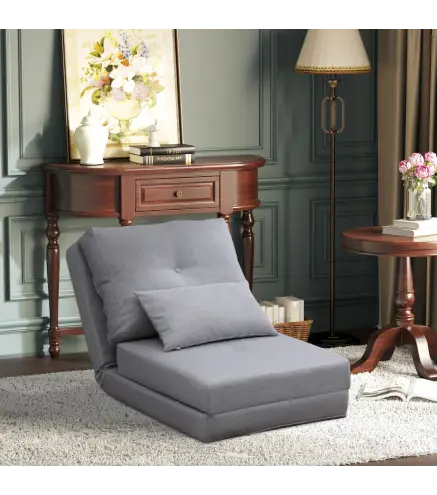Sofá Cama Individual Plegable Sofá Cama Tapizado en Lino con Respaldo Ajustable 5 Posiciones 1 Almohada Gris Claro