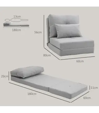 Sofá Cama Individual Plegable Sofá Cama Tapizado en Lino con Respaldo Ajustable 5 Posiciones 1 Almohada Gris Claro