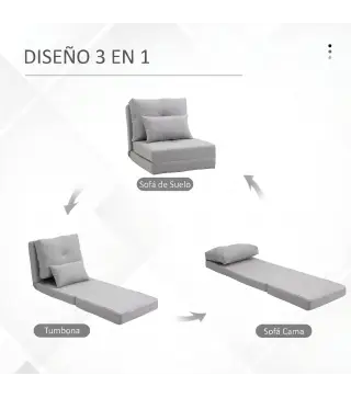 Sofá Cama Individual Plegable Sofá Cama Tapizado en Lino con Respaldo Ajustable 5 Posiciones 1 Almohada Gris Claro