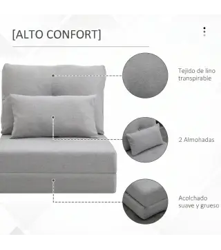 Sofá Cama Individual Plegable Sofá Cama Tapizado en Lino con Respaldo Ajustable 5 Posiciones 1 Almohada Gris Claro