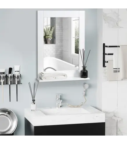 Espejo de Baño Espejo de Pared Moderno con Estante de Almacenaje y Marco de Madera 50x11,5x60 cm Blanco