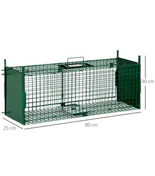 Trampa para Animales Vivos con 2 Puertas Jaula de Captura Metálica con Asa para Ratones Roedores 80x25x30 cm Verde Oscuro