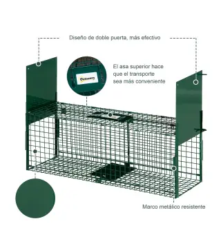 Trampa para Animales Vivos con 2 Puertas Jaula de Captura Metálica con Asa para Ratones Roedores 80x25x30 cm Verde Oscuro