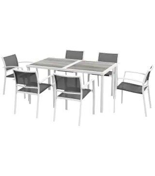 Juego de Comedor de Jardín de 7 Piezas con 1 Mesa y 6 Sillas Apilables Estilo Moderno para Terraza Patio Blanco y Gris