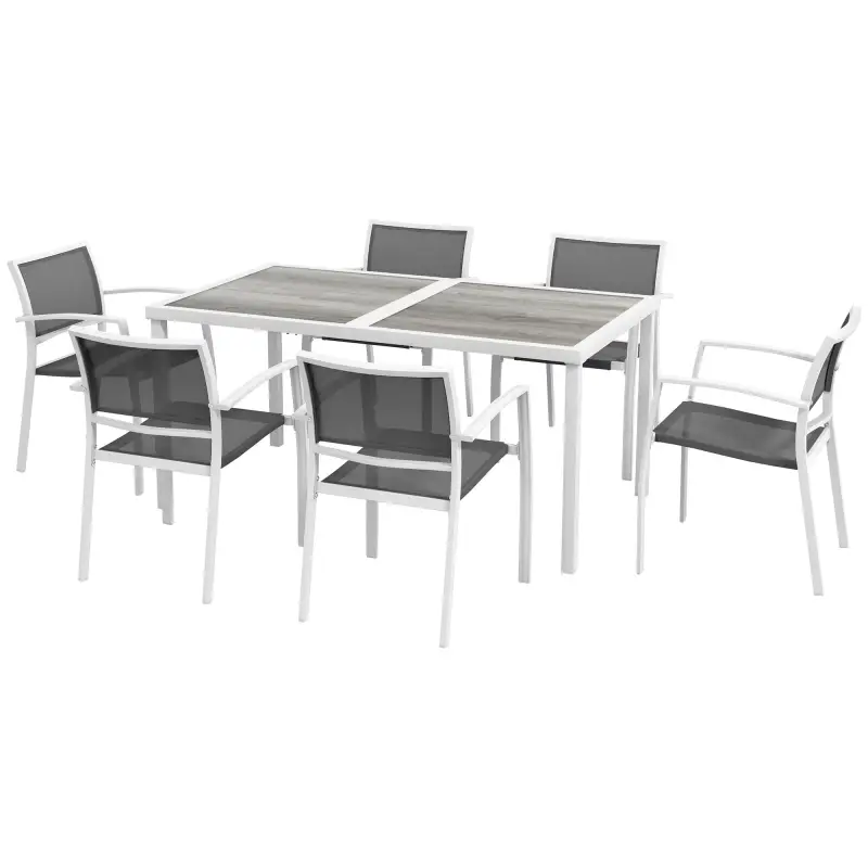 Juego de Comedor de Jardín de 7 Piezas con 1 Mesa y 6 Sillas Apilables Estilo Moderno para Terraza Patio Blanco y Gris