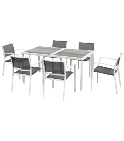 Juego de Comedor de Jardín de 7 Piezas con 1 Mesa y 6 Sillas Apilables Estilo Moderno para Terraza Patio Blanco y Gris