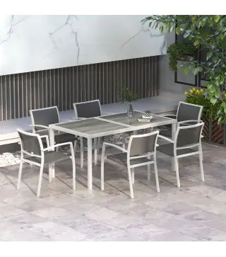 Juego de Comedor de Jardín de 7 Piezas con 1 Mesa y 6 Sillas Apilables Estilo Moderno para Terraza Patio Blanco y Gris