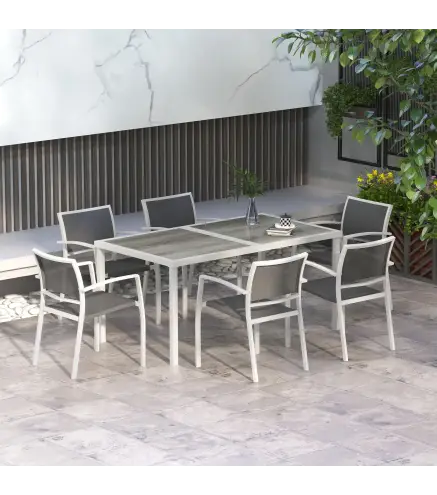 Juego de Comedor de Jardín de 7 Piezas con 1 Mesa y 6 Sillas Apilables Estilo Moderno para Terraza Patio Blanco y Gris