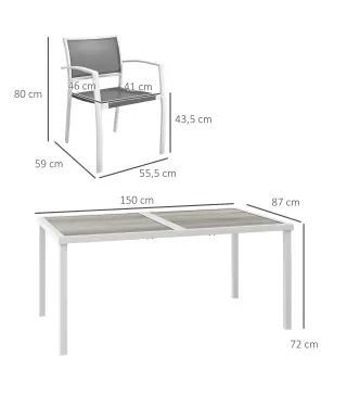 Juego de Comedor de Jardín de 7 Piezas con 1 Mesa y 6 Sillas Apilables Estilo Moderno para Terraza Patio Blanco y Gris