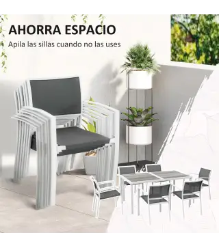 Juego de Comedor de Jardín de 7 Piezas con 1 Mesa y 6 Sillas Apilables Estilo Moderno para Terraza Patio Blanco y Gris