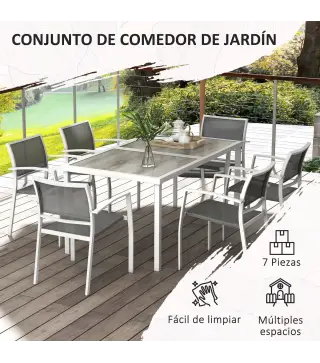 Juego de Comedor de Jardín de 7 Piezas con 1 Mesa y 6 Sillas Apilables Estilo Moderno para Terraza Patio Blanco y Gris