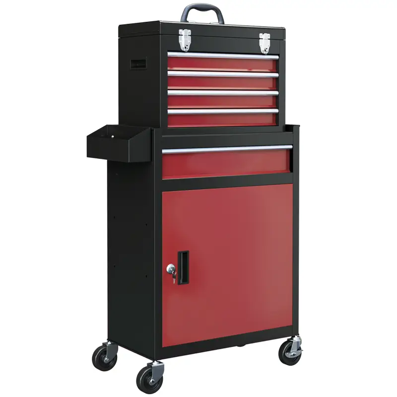 Carro de Herramientas Caja de Herramientas de Acero Carro de Taller con Ruedas Puerta y Cajones para Taller Garaje Rojo