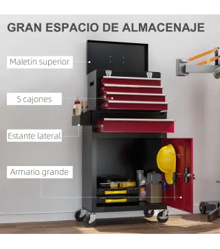 Carro de Herramientas Caja de Herramientas de Acero Carro de Taller con Ruedas Puerta y Cajones para Taller Garaje Rojo