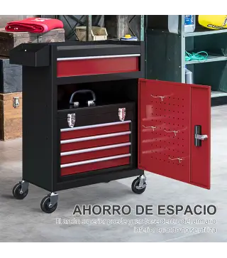 Carro de Herramientas Caja de Herramientas de Acero Carro de Taller con Ruedas Puerta y Cajones para Taller Garaje Rojo
