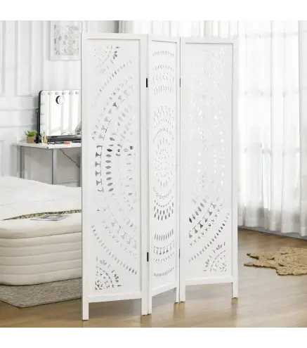 Biombo Plegable de 3 Paneles de Madera 120x170 cm Biombo Separador de Ambientes con Patrones Tallados Elegantes Blanco