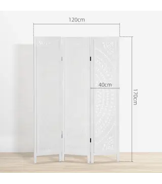 Biombo Plegable de 3 Paneles de Madera 120x170 cm Biombo Separador de Ambientes con Patrones Tallados Elegantes Blanco