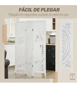 Biombo Plegable de 3 Paneles de Madera 120x170 cm Biombo Separador de Ambientes con Patrones Tallados Elegantes Blanco
