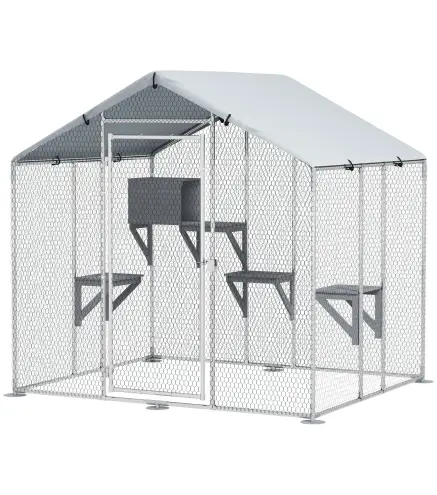 Refugio Exterior Grande para Gatos Jaula de Acero Galvanizado con Techo Impermeable para 5 Gatos 200x170x195 cm Plateado