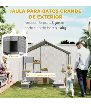 Refugio Exterior Grande para Gatos Jaula de Acero Galvanizado con Techo Impermeable para 5 Gatos 200x170x195 cm Plateado