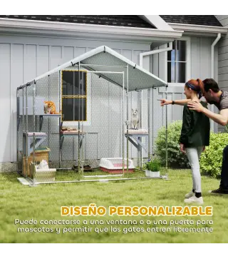 Refugio Exterior Grande para Gatos Jaula de Acero Galvanizado con Techo Impermeable para 5 Gatos 200x170x195 cm Plateado