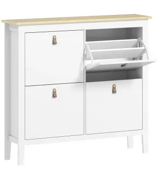 Zapatero Estrecho con 4 Compartimentos y Tiradores de Cuero PU para Pasillo y Recibidor 105x24x95,5 cm Blanco y Madera