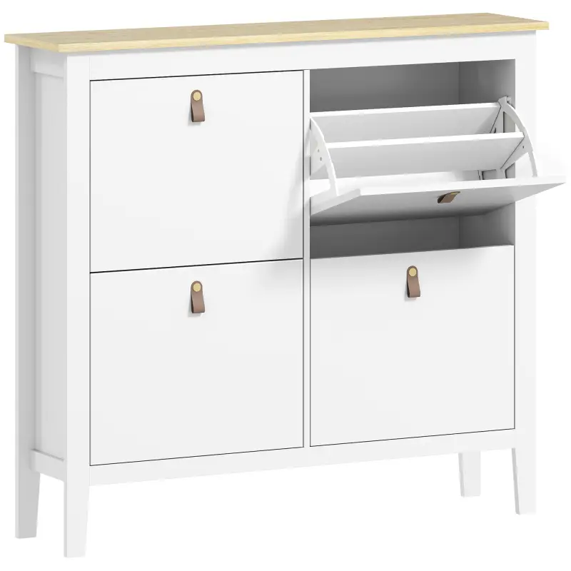 Zapatero Estrecho con 4 Compartimentos y Tiradores de Cuero PU para Pasillo y Recibidor 105x24x95,5 cm Blanco y Madera Zapatero Estrecho con 4 Compartimentos y Tiradores de Cuero PU para Pasillo y Recibidor 105x24x95,5 cm Blanco y Madera