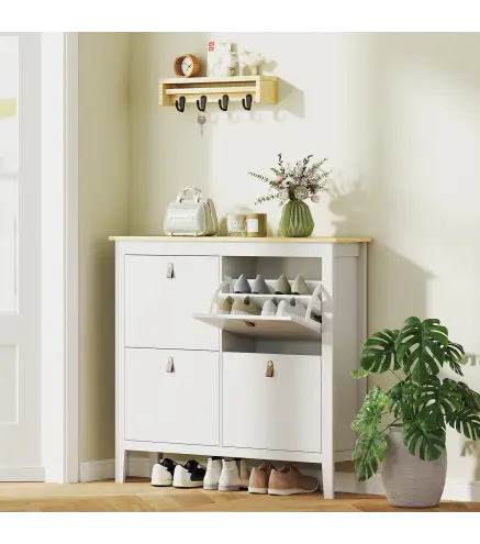 Zapatero Estrecho con 4 Compartimentos y Tiradores de Cuero PU para Pasillo y Recibidor 105x24x95,5 cm Blanco y Madera