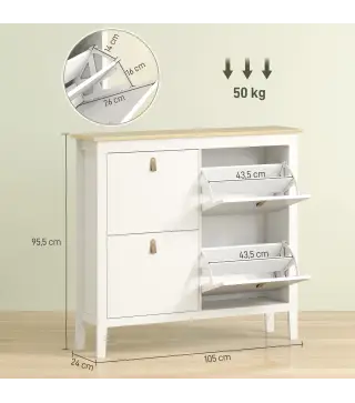 Zapatero Estrecho con 4 Compartimentos y Tiradores de Cuero PU para Pasillo y Recibidor 105x24x95,5 cm Blanco y Madera