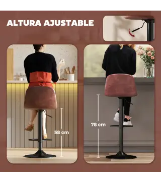 Conjunto 2 Taburetes Altos Ajustables 360° con Respaldo y Reposapiés para Cocina Bar o Comedor 40,5x44x84-104 cm Marrón