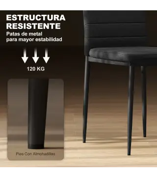 Pack de 6 Sillas de Comedor Modernas Tapizadas en Lino Sintético con Respaldo Alto y Patas de Metal 41x50x97 cm Negro