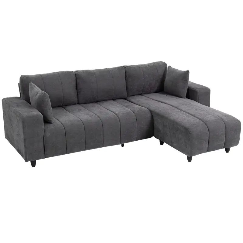 Sofá Chaise Longue Reversible de 3 Plazas 2 Almohadas Tapizado en Lino Marco de Acero 242x156x87 cm Gris Oscuro Sofá Chaise Longue Reversible de 3 Plazas 2 Almohadas Tapizado en Lino Marco de Acero 242x156x87 cm Gris Oscuro