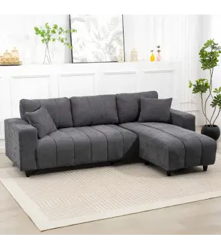 Sofá Chaise Longue Reversible de 3 Plazas 2 Almohadas Tapizado en Lino Marco de Acero 242x156x87 cm Gris Oscuro