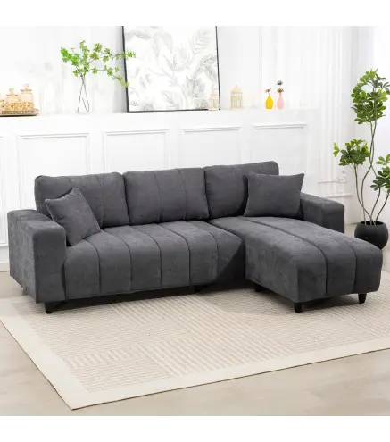 Sofá Chaise Longue Reversible de 3 Plazas 2 Almohadas Tapizado en Lino Marco de Acero 242x156x87 cm Gris Oscuro
