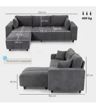 Sofá Chaise Longue Reversible de 3 Plazas 2 Almohadas Tapizado en Lino Marco de Acero 242x156x87 cm Gris Oscuro