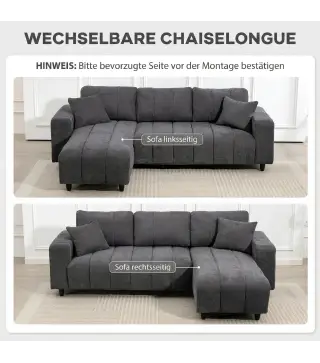 Sofá Chaise Longue Reversible de 3 Plazas 2 Almohadas Tapizado en Lino Marco de Acero 242x156x87 cm Gris Oscuro
