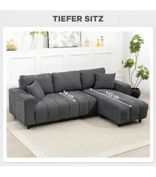 Sofá Chaise Longue Reversible de 3 Plazas 2 Almohadas Tapizado en Lino Marco de Acero 242x156x87 cm Gris Oscuro