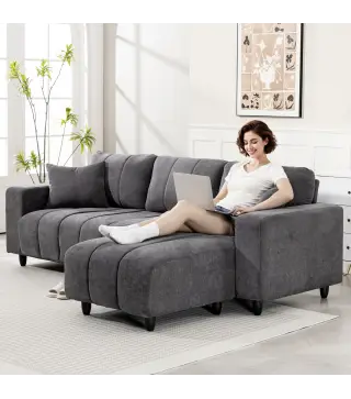 Sofá Chaise Longue Reversible de 3 Plazas 2 Almohadas Tapizado en Lino Marco de Acero 242x156x87 cm Gris Oscuro
