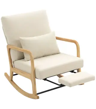 Silla Mecedora Nórdica con Reposapiés Respaldo Ajustable Mecedora de Pana Patas de Madera y Reposabrazos Cojín Crema