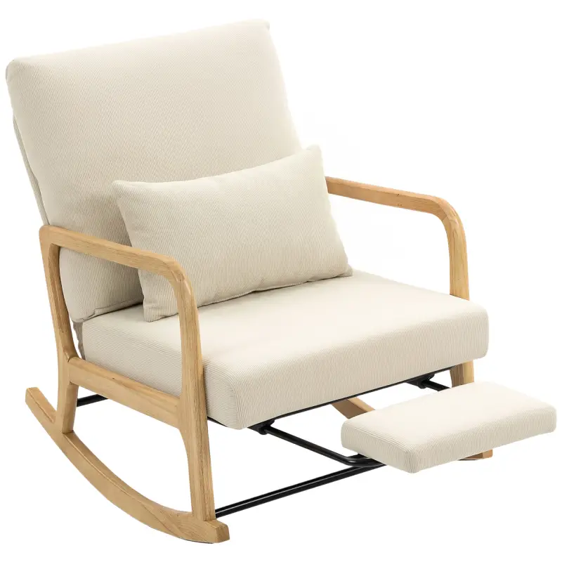 Silla Mecedora Nórdica con Reposapiés Respaldo Ajustable Mecedora de Pana Patas de Madera y Reposabrazos Cojín Crema Silla Mecedora Nórdica con Reposapiés Respaldo Ajustable Mecedora de Pana Patas de Madera y Reposabrazos Cojín Crema