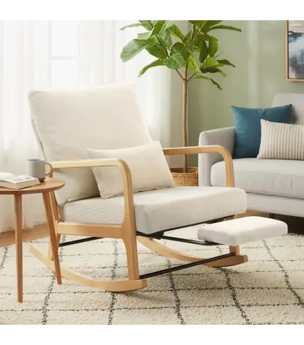 Silla Mecedora Nórdica con Reposapiés Respaldo Ajustable Mecedora de Pana Patas de Madera y Reposabrazos Cojín Crema