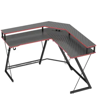Escritorio Esquinero con Enchufes en Forma de L 128x128 cm con Soporte para Monitor Gancho y Portavasos Negro