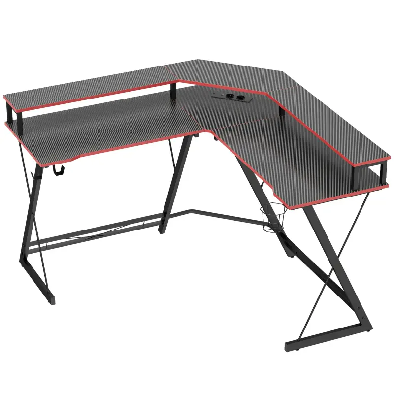 Escritorio Esquinero con Enchufes en Forma de L 128x128 cm con Soporte para Monitor Gancho y Portavasos Negro Escritorio Esquinero con Enchufes en Forma de L 128x128 cm con Soporte para Monitor Gancho y Portavasos Negro