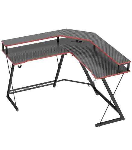 Escritorio Esquinero con Enchufes en Forma de L 128x128 cm con Soporte para Monitor Gancho y Portavasos Negro