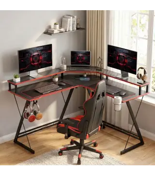 Escritorio Esquinero con Enchufes en Forma de L 128x128 cm con Soporte para Monitor Gancho y Portavasos Negro