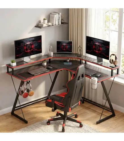 Escritorio Esquinero con Enchufes en Forma de L 128x128 cm con Soporte para Monitor Gancho y Portavasos Negro