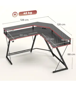 Escritorio Esquinero con Enchufes en Forma de L 128x128 cm con Soporte para Monitor Gancho y Portavasos Negro
