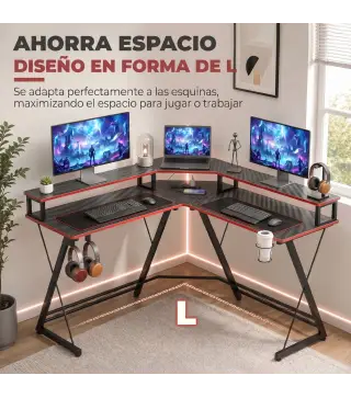 Escritorio Esquinero con Enchufes en Forma de L 128x128 cm con Soporte para Monitor Gancho y Portavasos Negro