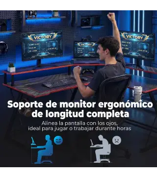 Escritorio Esquinero con Enchufes en Forma de L 128x128 cm con Soporte para Monitor Gancho y Portavasos Negro