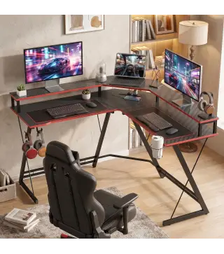Escritorio Esquinero con Enchufes en Forma de L 128x128 cm con Soporte para Monitor Gancho y Portavasos Negro