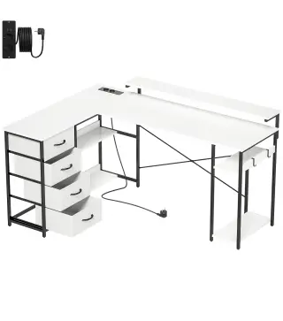 Escritorio en L Reversible con 4 Cajones de Tela 2 Enchufes y 2 Puertos USB Soporte para Monitor 155x112 cm Blanco